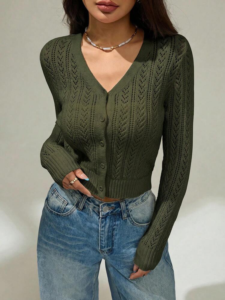 SHEIN PETITE 女款純色極簡長袖開襟衫可愛針織短版上衣 秋冬服飾 黃色女裝長袖上衣 - 軍綠色 - 查看 3