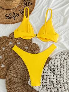 SHEIN Swim 夏季海灘有鋼圈高腰比基尼套裝 - 芥末黃 - 查看 2