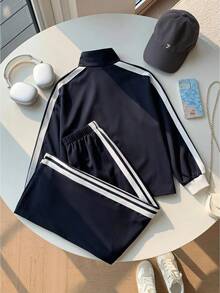 SHEIN 青少年女孩海軍藍夾克 + 長褲 2件套 秋季冬季返校穿搭 長袖上衣 - 寶藍色 - 查看 2