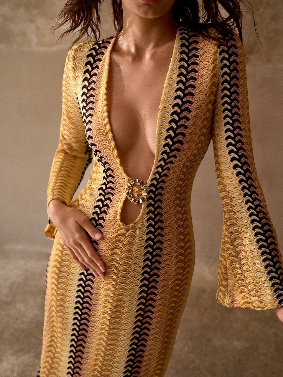 MOTF WOMEN'S LARGE U-NECK METAL DECOR BELL SLEEVE BOHEMIAN CASUAL ELEGANT BEACH COVER-UP LONG DRESS, MULTI-COLOR STRIPED TEXTURED