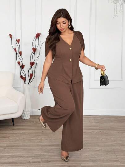 Modelyn Elegant Solid Color V-Neck Puff Sleeve Fitted Top And Solid Color Elastic Waist Wide Leg Pants Spring/Summer Plus Size 2-Piece Set