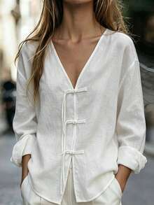 SHEIN LUNE Women's Linen V-Neck Long-Sleeve Fringed Qipao-Style Button-Down Shirt, Fall Outfits, Button-Down Shirt, Basic Fashion Top, Social Outfit - White - View 4