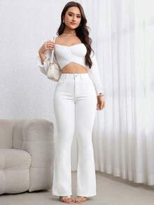 SHEIN ICON 大尺碼女款休閒百搭日常丹寧喇叭牛仔褲，附口袋與鈕扣 - 白色 - 查看 4