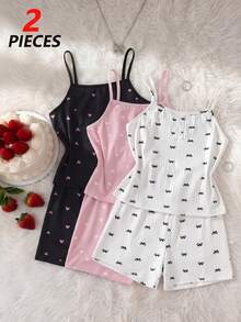 SHEIN Teen Girl Wide Ribbed Bow Print Camisole & Shorts Set Loungewear - Multicolor - View 3
