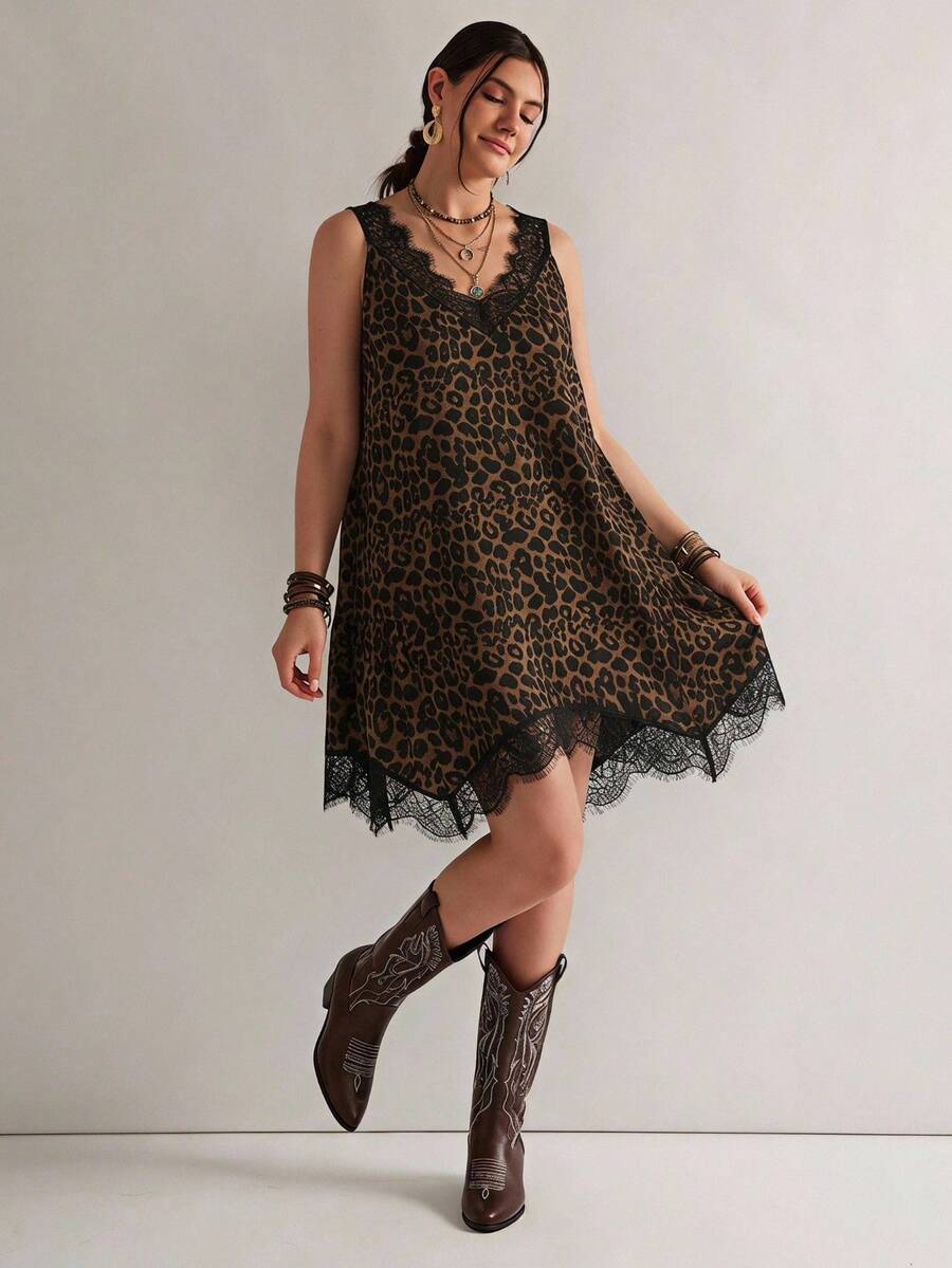 Freevana Women's Plus Size Lace Trim Chocolate Brown Leopard Print Dress Vacation Summer Sexy - Brown - View 1