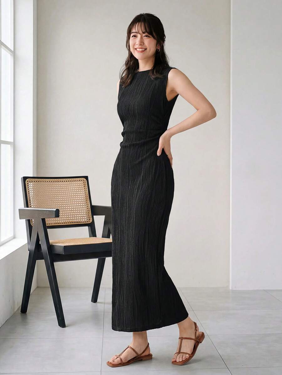 Yumoku Casual Women's Apricot Knitted Textured Bodycon Dress Black Pleated Maxi Dress Pleated Dresses For Women Black Summer Dress Women Pleated Maxi Dress Black Sundress Women,Casual Dresses For Women,Casual - Black - View 1