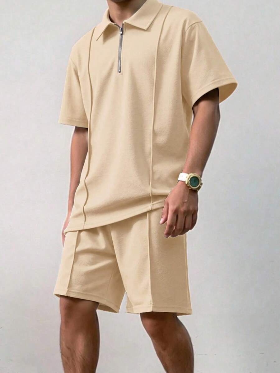 SHEIN 青少年男孩寬鬆休閒翻領針織純色短袖 Polo 衫套裝 春/夏 - 杏色 - 查看 1
