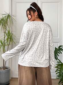 SHEIN EZwear 女款大尺碼豹紋休閒落肩寬鬆長袖T恤 秋季 - 彩色 - 查看 3