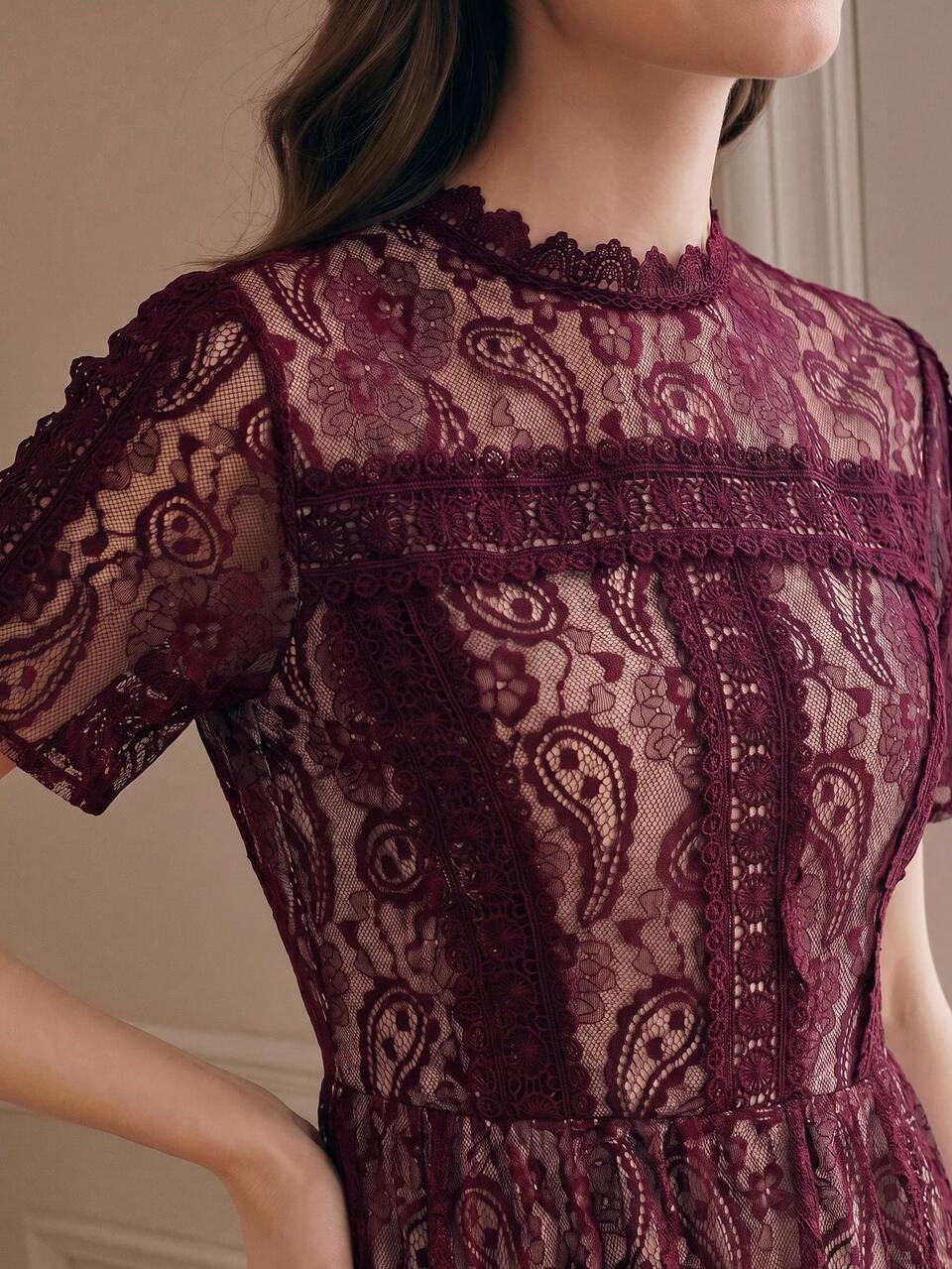 Anewsta Summer New Short Sleeve Multi-Layer Lace Ruffle Hem Elegant Versatile Dress