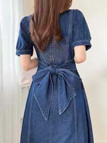 FRIFUL Women's Casual Daily Denim Dress With Back Knot Design - Blue - View 8