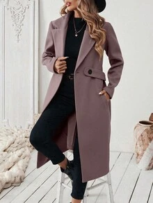SHEIN 女款純色缺口領時尚百搭日常穿著羊毛大衣 - 紫色 - 查看 1
