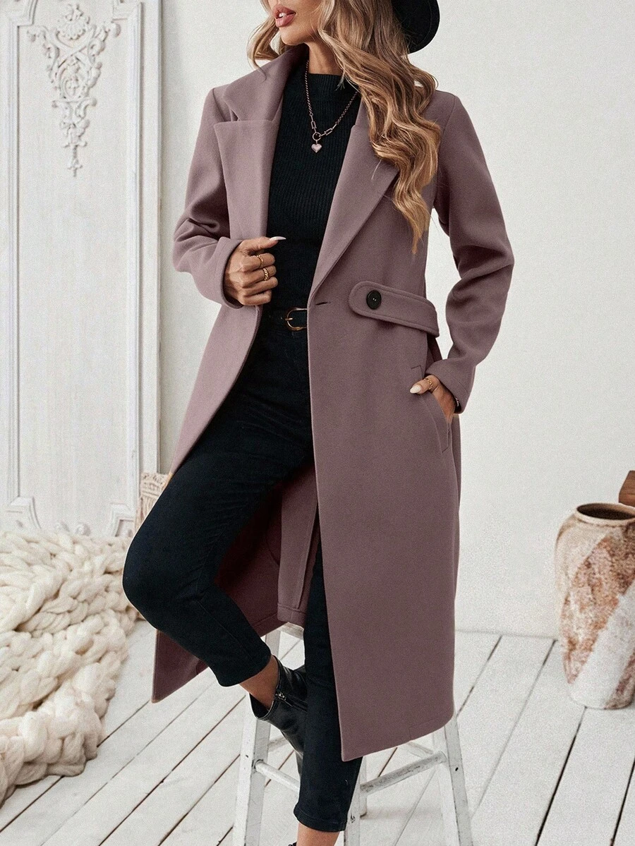 SHEIN 女款純色缺口領時尚百搭日常穿著羊毛大衣 - 紫色 - 查看 1