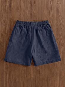Manfinity Hypemode Pantalones cortos casuales y cómodos de algodón y lino con cordón para hombres, para vacaciones - Azul Marino - Ver 3