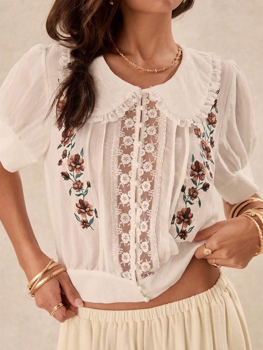 Easelle 復古休閒鄉村風優雅波希米亞圓領刺繡蕾絲拼接女款襯衫,白色花卉夏季早午茶派對穿搭 - 白色 - 查看 1
