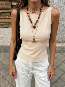 Resyla Women's Solid Color Backless Casual Versatile Daily Wear Top - Apricot - View 6