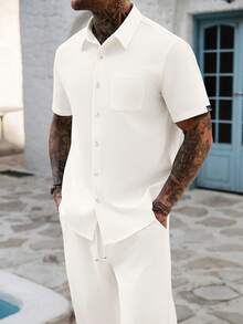 Genlund Nuevo conjunto de dos piezas para hombre primavera verano 2026, color blanco roto con estampado de cuadrícula, transpirable, holgado, con cuello y manga corta - Blanco - Ver 6