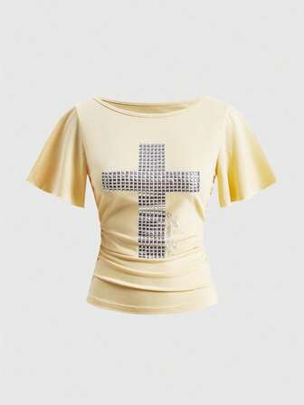Y2K Damen sexy T-Shirt mit Fledermausärmeln und Kreuzniete