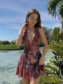SHEIN MOD Vintage tropisches sexy bedrucktes Neckholder-Mini-Kleid mit Cut-out und Schleife, dunkelbraun, für Sommer, Herbst, Strandurlaub, Nachtausgang, Party, Country-Konzert, Blumenmuster - Verschiedenfarbig - Übersicht 1