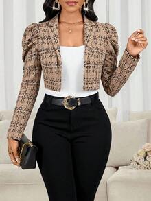 SHEIN Lady 女款優雅商務休閒法式通勤格紋泡泡袖短版薄款夾克套裝 米色 秋季 辦公室晚餐約會 - 卡其色 - 查看 5