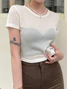 DAZY Solid Sheer Crop Top Going Out Tops - Beige - View 5