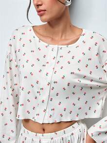 Softvol 2pcs Women's Round Neck Drop Shoulder Print Cardigan + Elastic Waist Button Front Shorts Set - White - View 6