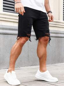 Manfinity Roughcore Pendek Denim Pria Ripped Plain - Hitam - View 3