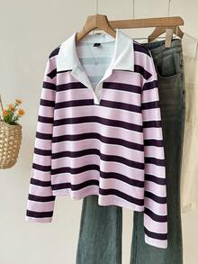 Muvela Women's Collared Long Sleeve Pink And Purple Striped Casual Preppy T-Shirt School Fall - Multicolor - View 4