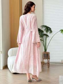 Yasmyna V-Neck Double-Sided Tie Multi-Layer Ruffle Cuff Foamed Print Pink Dress - Pink - View 7