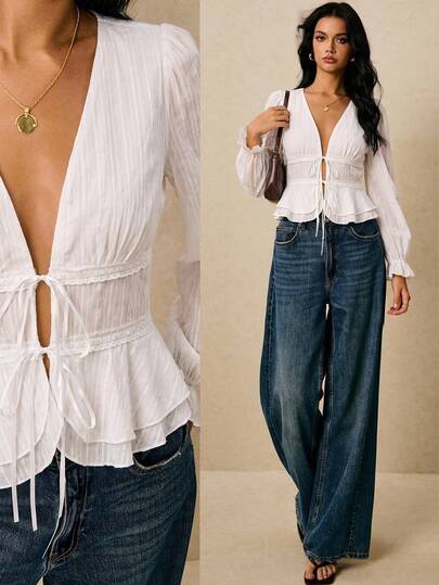 Poéselle Women's White Bow Tie Lace Trim Hem Long Sleeve Sexy Fashion Top