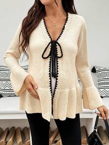 SHEIN Maternity V-Neck Contrast Trim Bow Tie Ruffle Hem Casual Long Sleeve Cardigan,Autumn Outfit For Women Winter - Khaki - View 6
