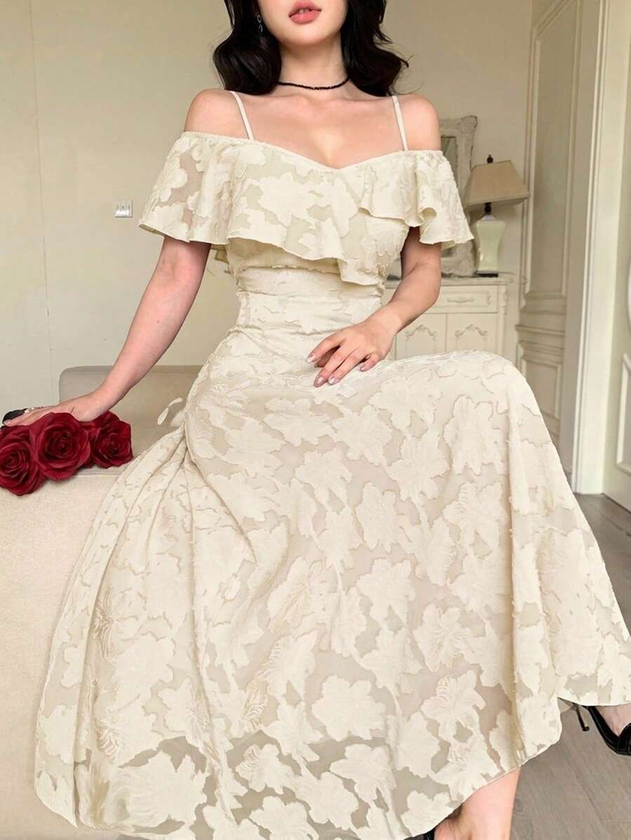 DAZY 春夏小眾法式風荷葉邊露肩優雅女款長版婚紗禮服 - 象牙白色 - 查看 1