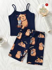 Teen Girls Royal Blue Cute Capybara Print Camisole Top And All-Over Capybara Print Shorts Set Pajamas Tight Homewear - Royal Blue - View 7
