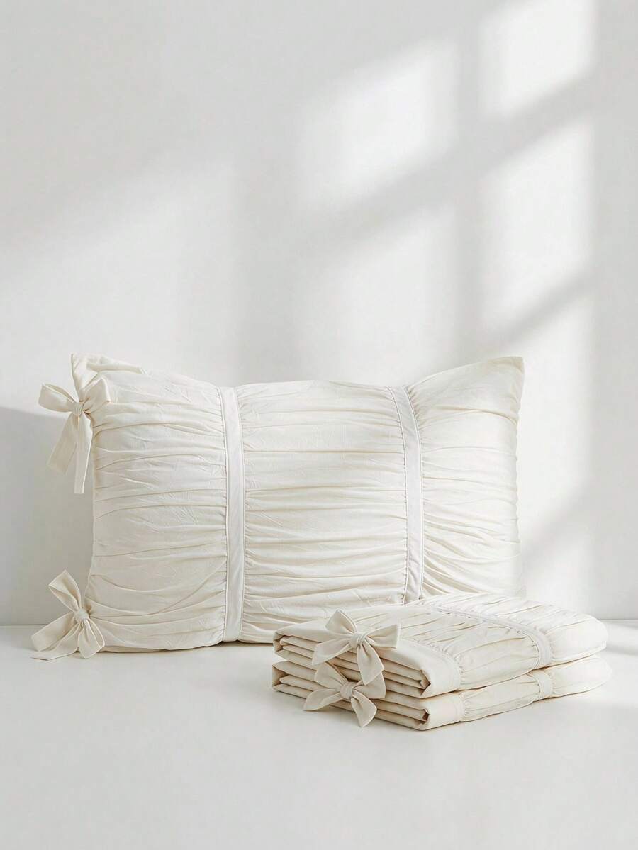 Veyra Day 1PC Polyester Pillowcase, Korean Style Ruffled Bow Decor, Invisible Zipper, Breathable Soft Cushion Cover, No Pillow Insert, Home Dorm Bedding Decor - White - View 1