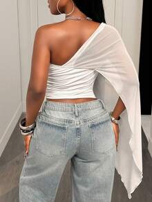 BamGleam Women's Autumn Fashion Asymmetric Cape Sleeve T-Shirt Club Night White Sexy - White - View 2