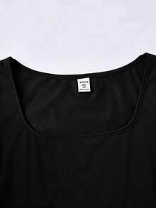SHEIN 青少年女孩休閒極簡風黑色方領抓皺腰短袖T恤寬鬆長褲套裝 - 黑色 - 查看 3