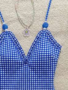 Swim Mod 女童特製面料粉色蕾絲掛脖式一件式泳衣 - 寶藍色 - 查看 4