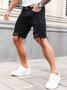 Manfinity Roughcore Pendek Denim Pria Ripped Plain - Hitam - View 7