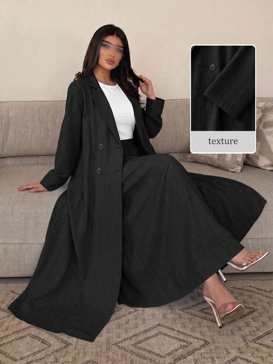 Yasmyna Women's Solid Color Long Sleeve Robe And Pleated Skirt Casual Daily Arabic Outfit - Black - View 1