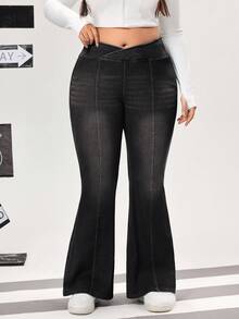 Flexra Plus Size Casual Everyday Date Night Dinner Washed V-Waist Flare Leg Jeans Black Summer - Light Grey - View 7