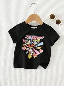 THE POWERPUFF GIRLS X SHEIN 女童少女卡通可愛印花休閒短袖圓領T恤，適合居家、室內、戶外穿著，舒適隨性 - 黑色 - 查看 6