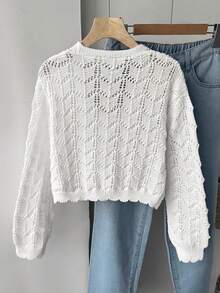 SHEIN Cardigan Rajut Berongga untuk Remaja Perempuan, Cocok untuk di Rumah, Jalan-jalan Santai, Liburan Pantai, Pesta, dan Lainnya, Nyaman, Serbaguna, dan Lembut - Putih - View 4