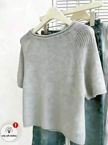 SHEIN 女士纯色简约日常长袖圆领针织上衣 - 灰色 - 查看 2