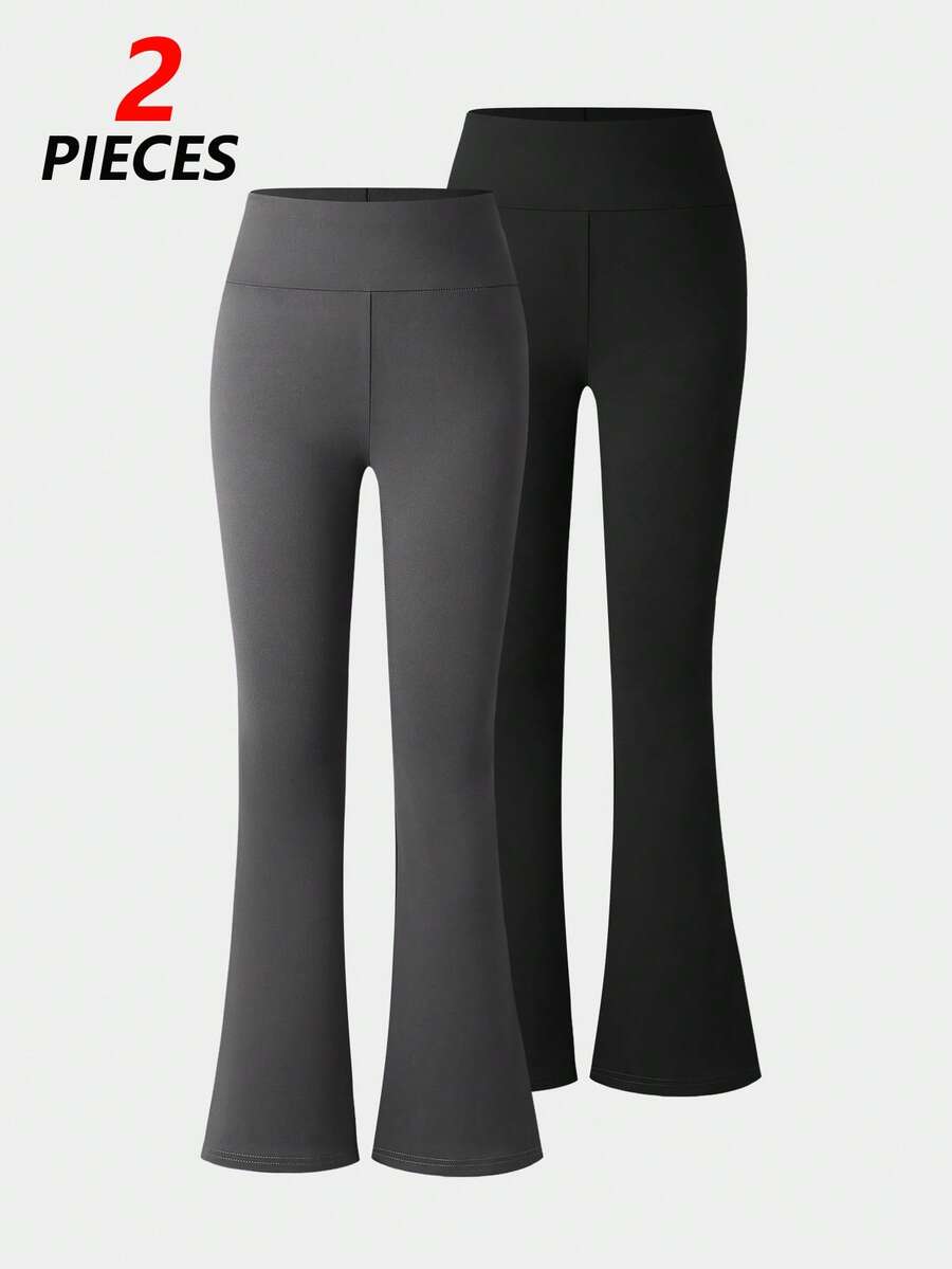 2pcs Black & Dark Grey Flared Leggings For Girls, Casual Wear & Layering - Multicolor - View 1