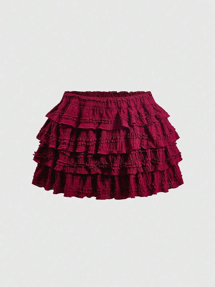 ROMWE Kawaii Summer Textured Fabric Sweet Cake Hemline Patchwork Low Waist Mini Skirt, Suitable For Multiple Occasions - Burgundy - View 1