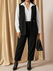 Comfylo Conjunto de traje de lana negro para mujer talla grande, para trabajo/oficina, disfraz de Halloween, elegante para fiesta en otoño/invierno - Negro - Ver 1