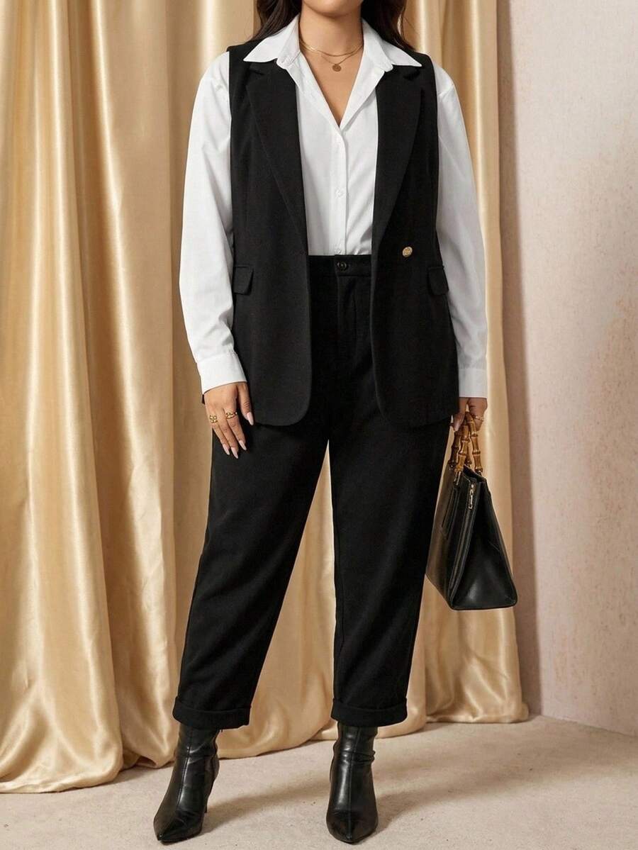 Comfylo Conjunto de traje de lana negro para mujer talla grande, para trabajo/oficina, disfraz de Halloween, elegante para fiesta en otoño/invierno - Negro - Ver 1
