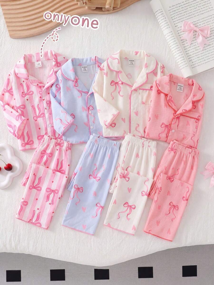 Baby Girl Long Sleeve Cardigan And Long Pants 2 Pieces Set, Woven Fabric With Cute Cherry Print, Loungewear - Pink - View 1