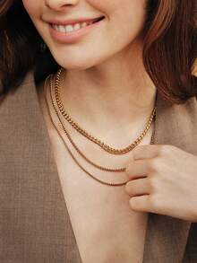 Vandermere 3pcs 18k Gold Stainless Steel Women's Herringbone Necklace Set, Simple And Elegant Solid Color Snake Chain Necklace For Layering. - Yellow Gold - View 3