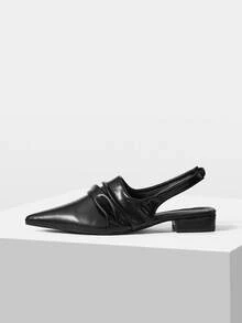 Mnmlis French Pleated Black Pointed Toe Low Slingback Shoes, Retro Rear Strap Versatile Outer Women's Shoes, Spring And Summer Low-Heeled Commuter Women' - Black - View 5