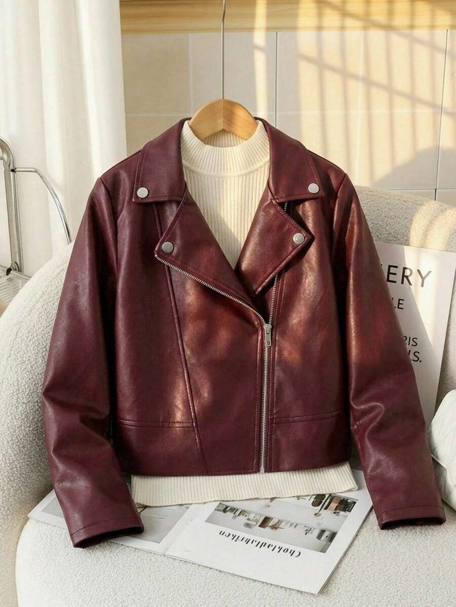 SHEIN ChillGRL Streecool 童女青少年夾克 秋季服飾 街頭風休閒時尚 純色翻領長袖拉鍊 PU 機車夾克 適中厚度 適合四季穿著 日常休閒、派對、度假 - 酒紅色 - 查看 1